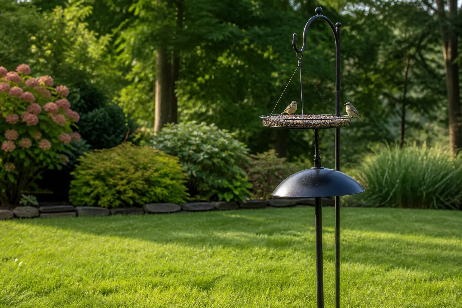 Backyard bird feeder on a metal pole with dome baffle in an open suburban garden