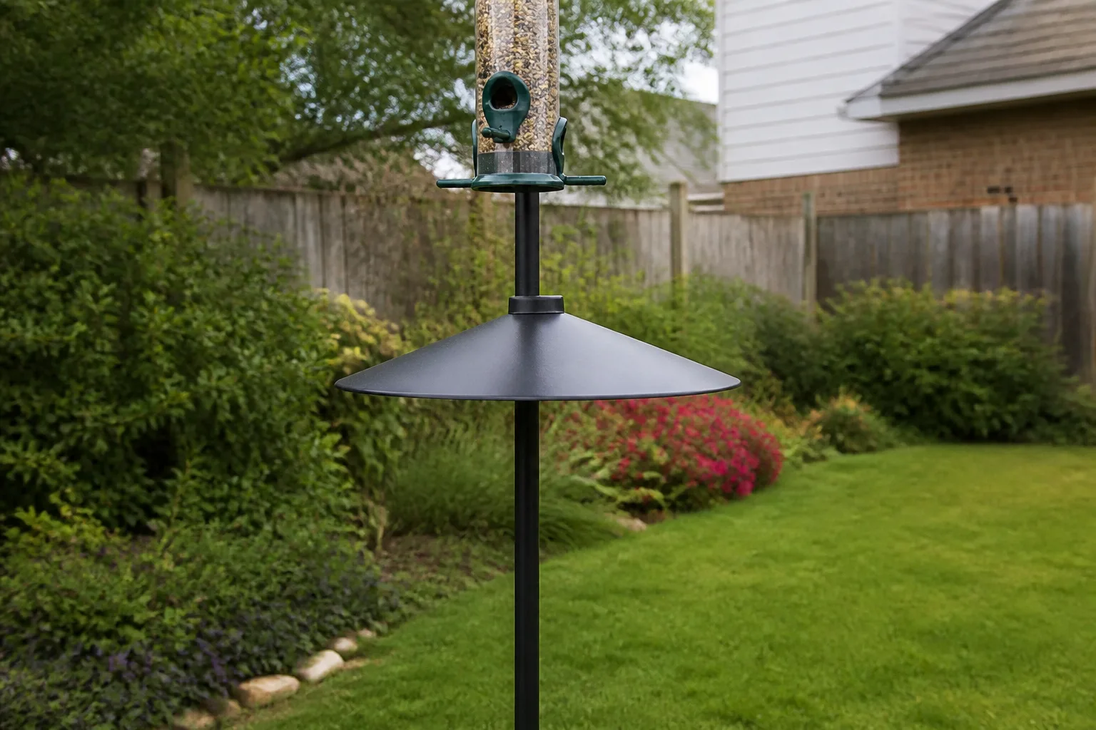 Torpedo-style pole baffle mounted on a metal bird feeder post below a tube feeder