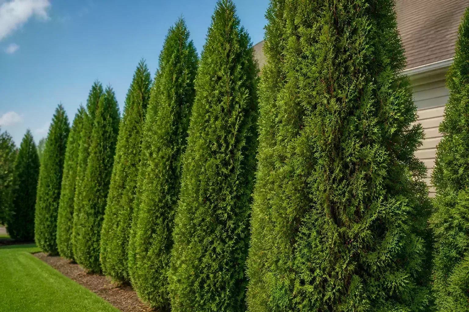 Row of tall Green Giant arborvitae trees forming a dense evergreen privacy screen along a property line