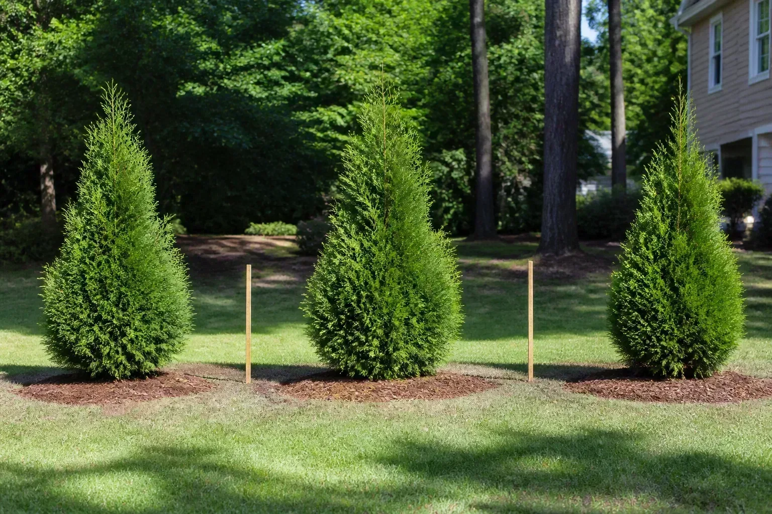 Young Green Giant arborvitae trees spaced in a row for a privacy screen with mulched bases