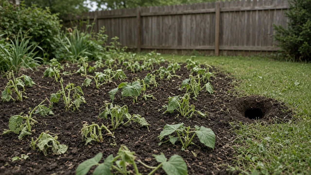 Garden fence protecting an outdoor planting area from wildlife