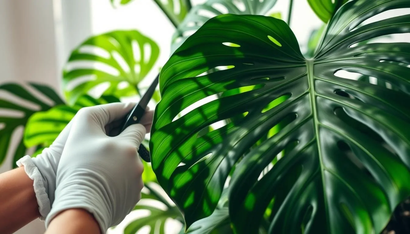 Monstera deliciosa with a new unfurling leaf in bright indoor light, a classic spring growth sign