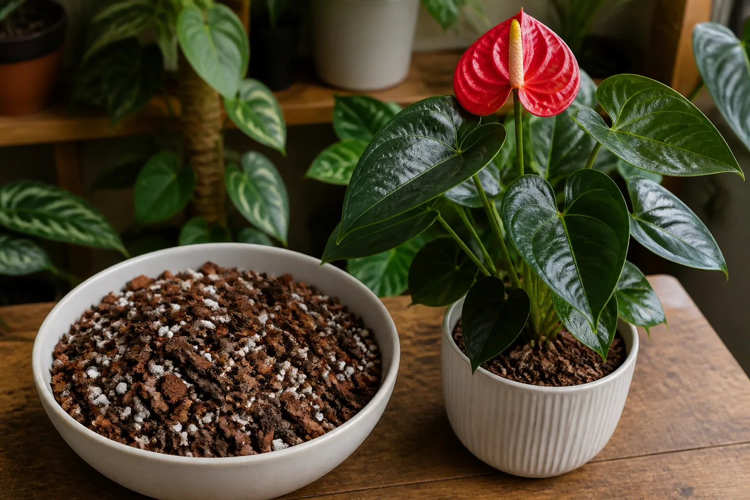 Chunky aroid potting mix with orchid bark and perlite beside a potted Anthurium