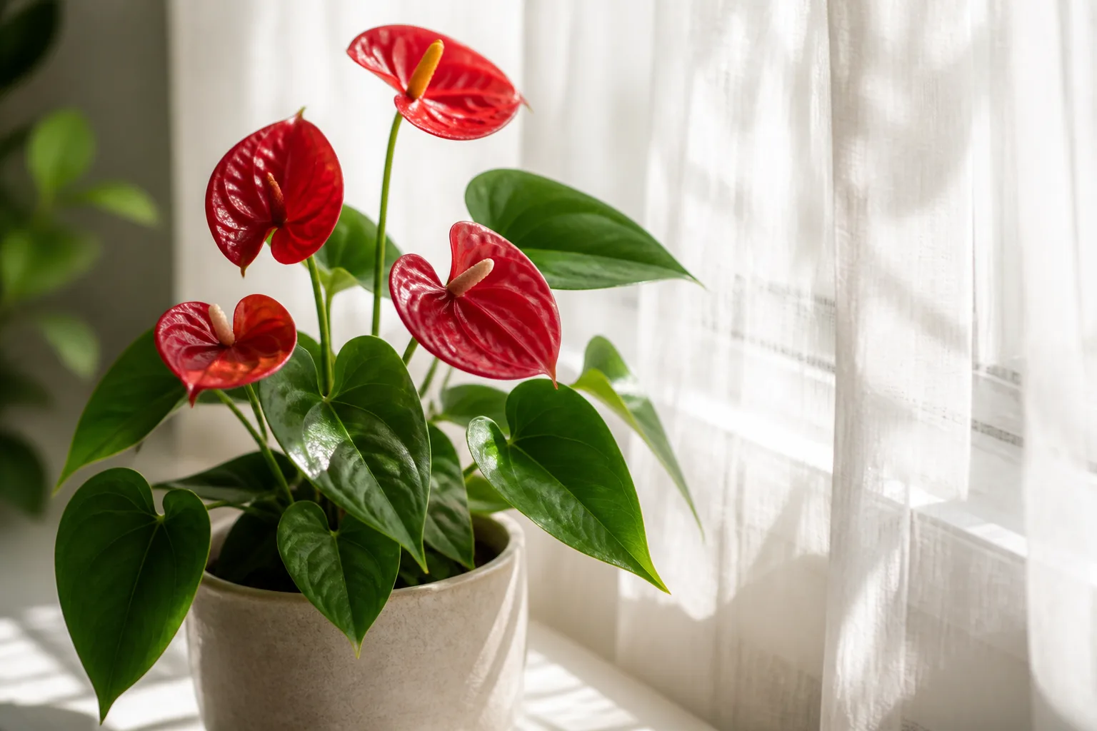 Begonia maculata on a bright windowsill with filtered indirect sunlight through a sheer curtain