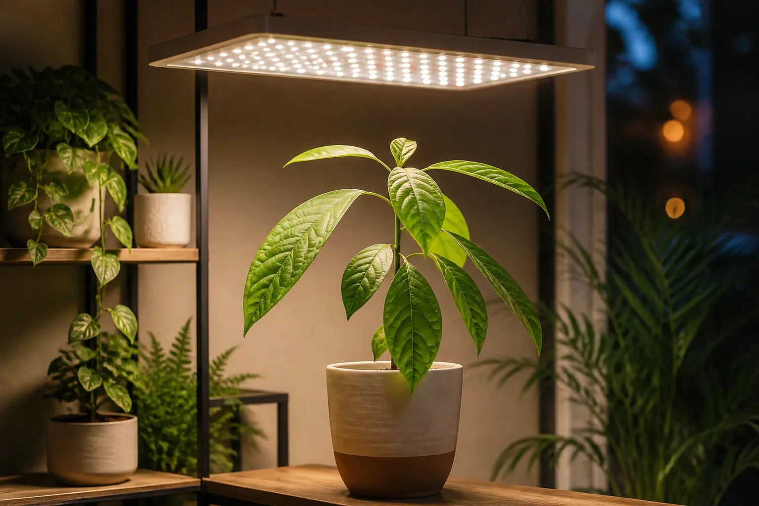 LED grow-light panel suspended over a high-light indoor plant
