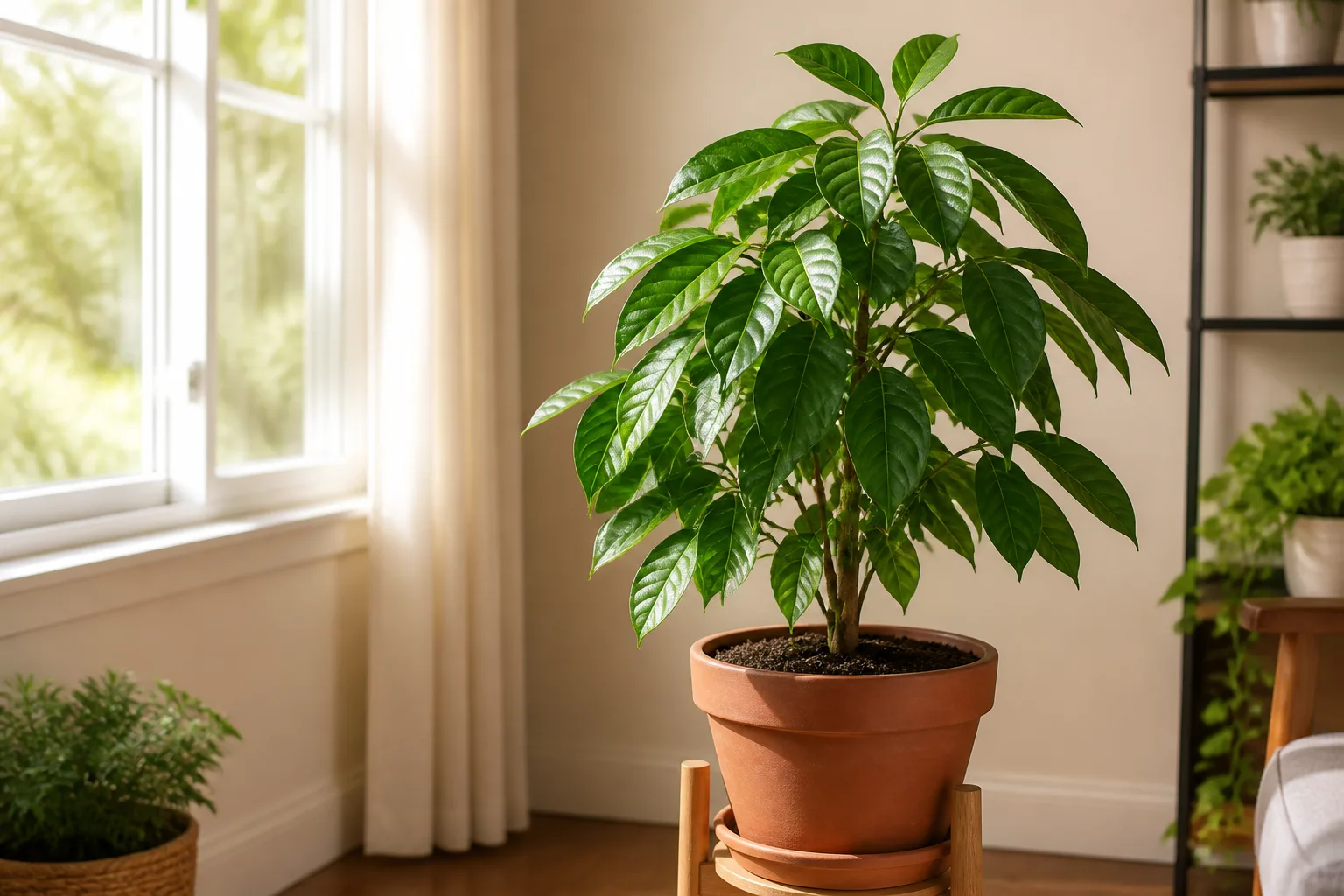 Young avocado houseplant with glossy green leaves in a terra-cotta pot beside a bright south-facing window