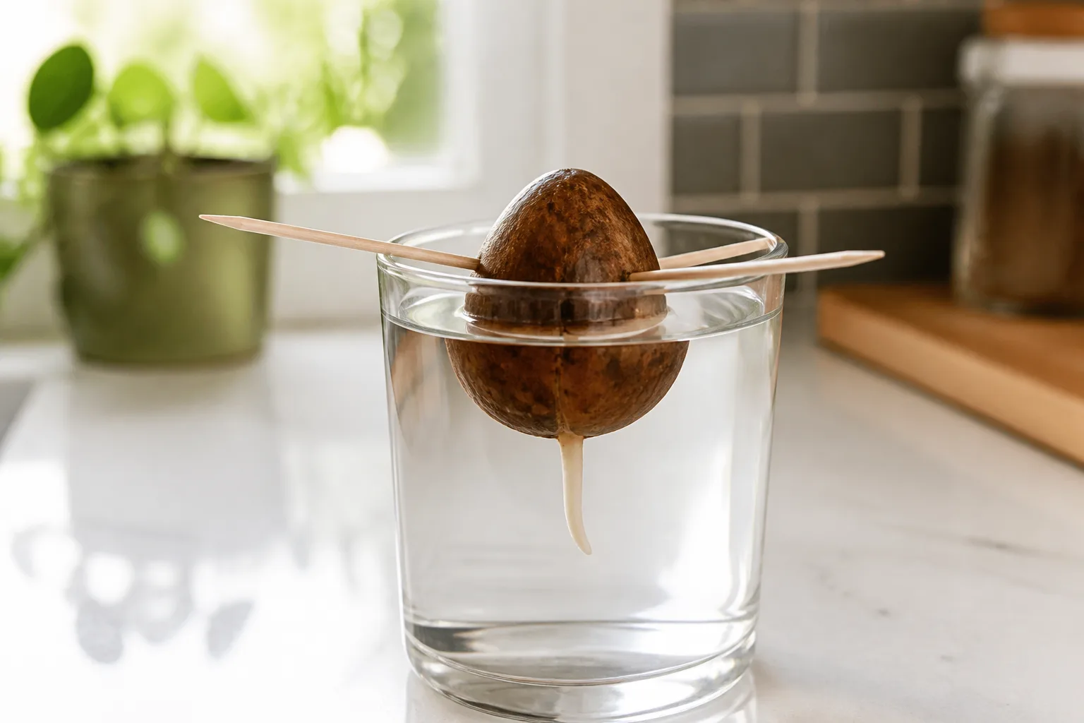 Avocado pit suspended in a glass of water with toothpicks, roots beginning to sprout