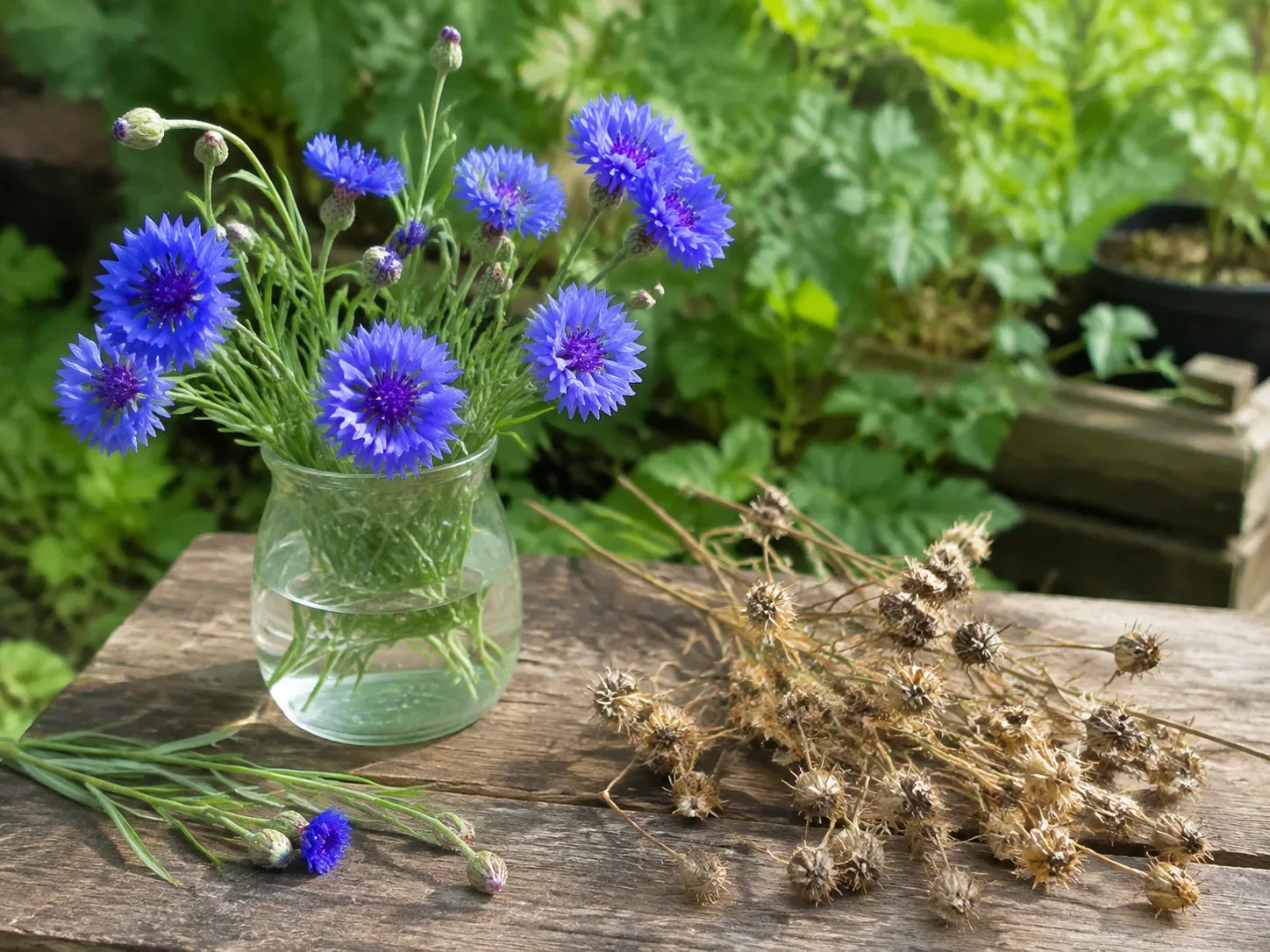 Fresh blue cornflower stems and dry seed heads arranged on a garden potting bench