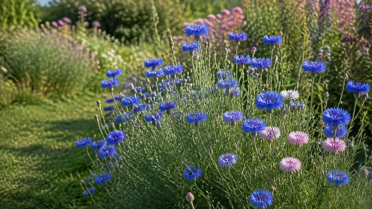 Blue cornflowers blooming in a sunny outdoor cottage garden