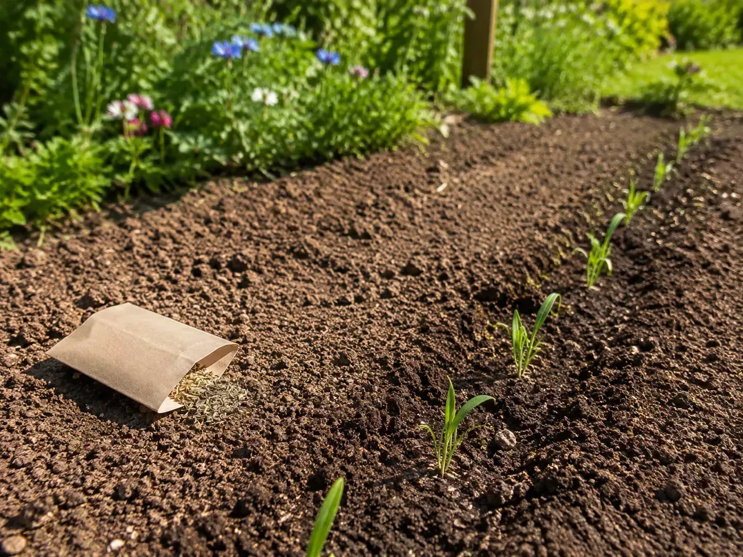Direct-sown cornflower seeds and seedlings in a prepared outdoor garden row