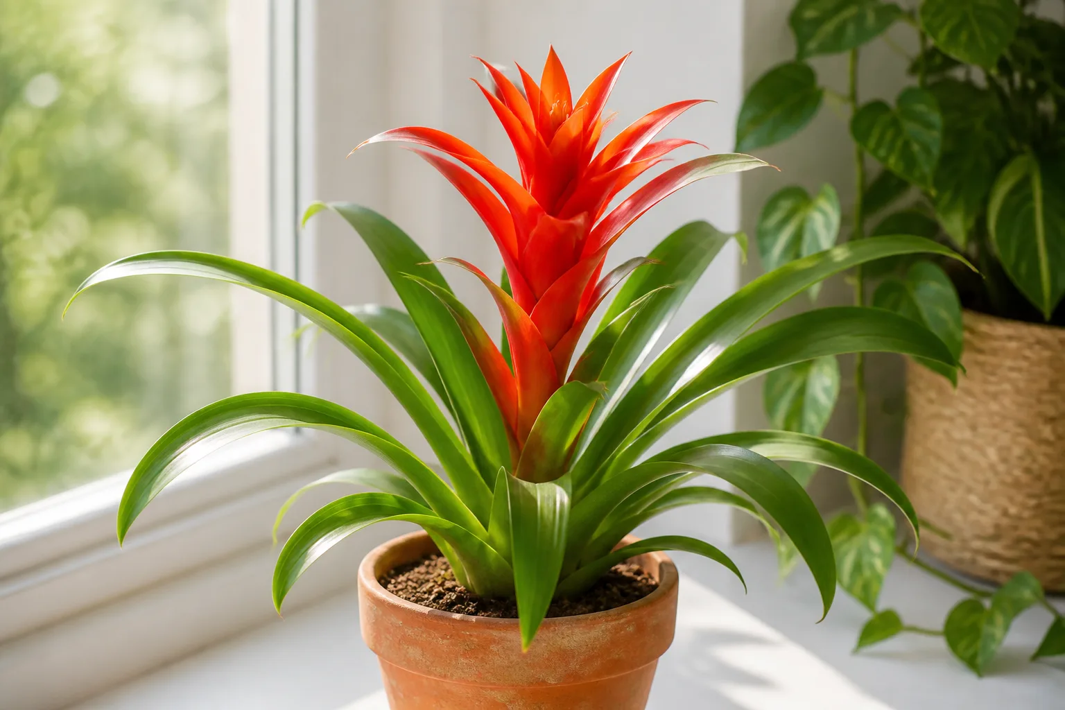 Guzmania bromeliad with red-orange bracts in a terracotta pot on a bright indoor windowsill