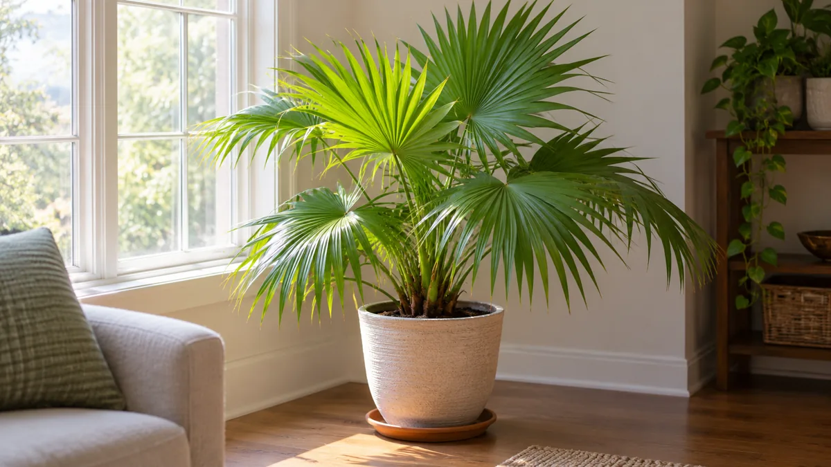 Chinese fan palm receiving bright filtered light beside a window.