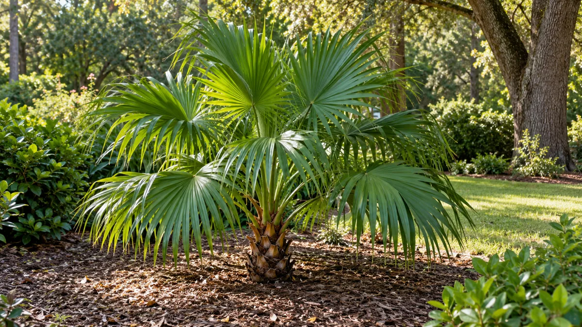 Chinese fan palm planted in a warm garden with space for its mature crown.