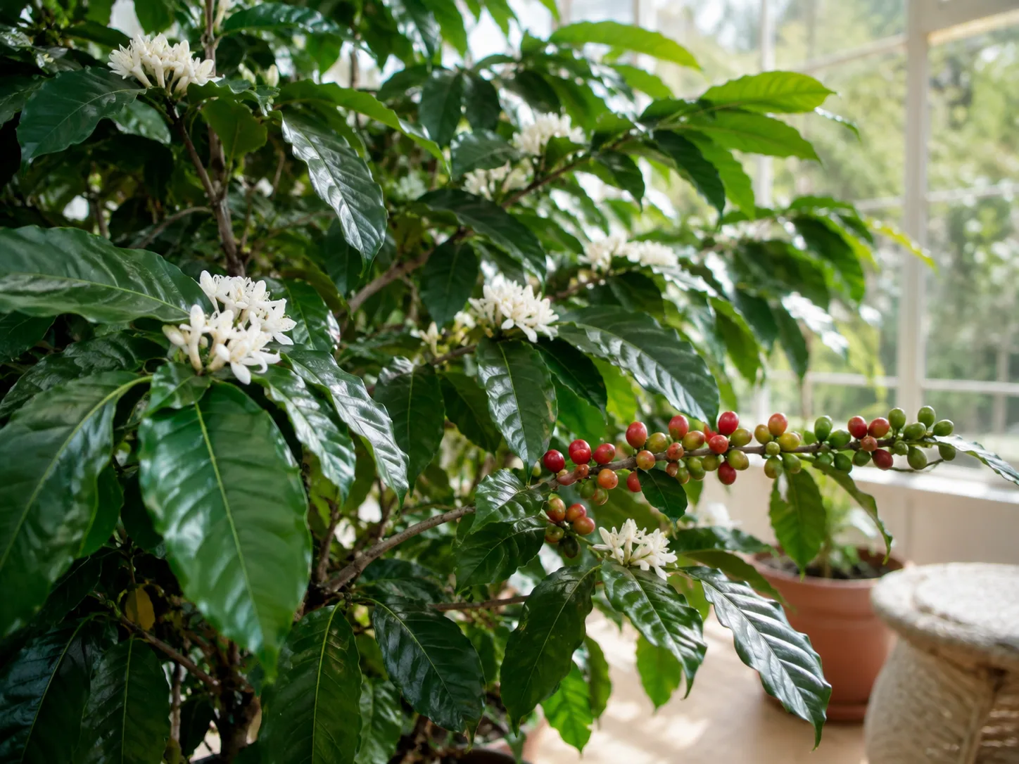 White coffee flowers and coffee cherries at several stages of ripeness on a healthy branch