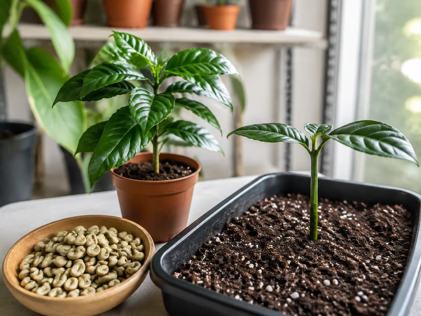 Fresh green coffee seeds, a young seedling, and a stem cutting in airy propagation mix