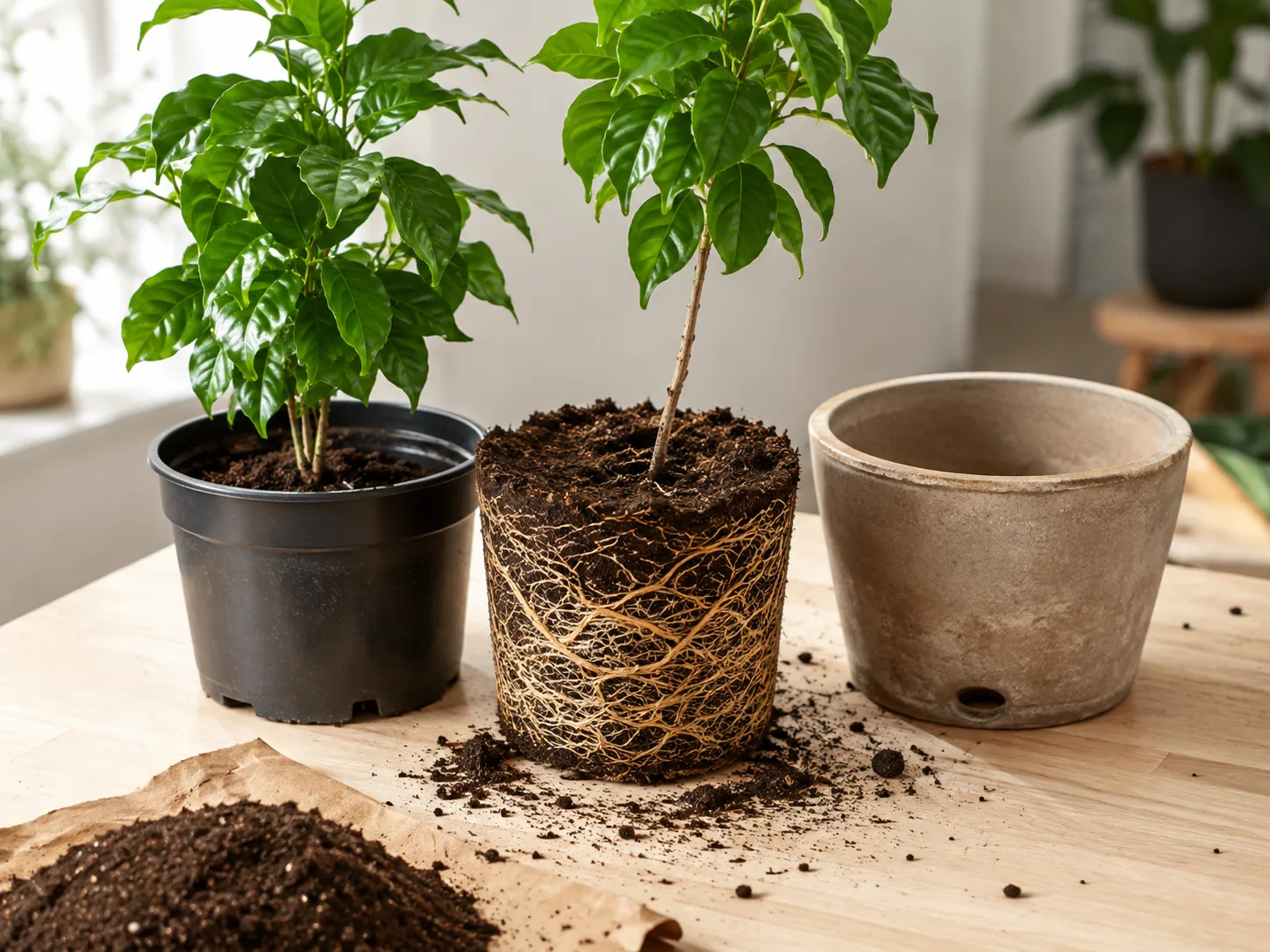 A coffee plant beside an airy potting mix and a root ball ready for a drainage-focused repot