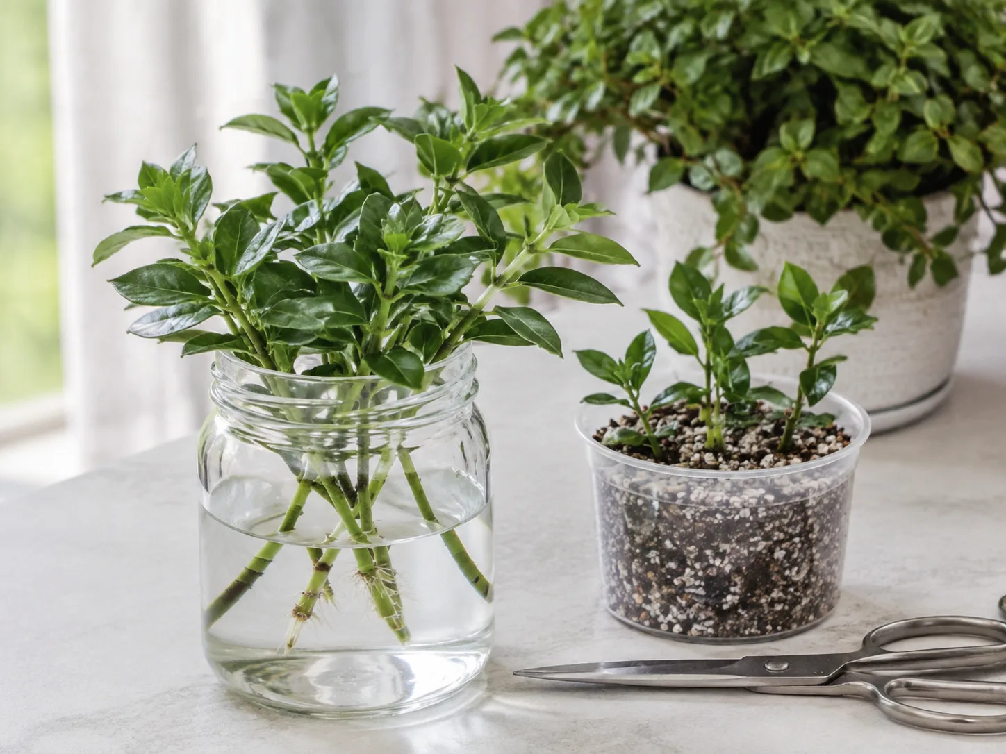 Goldfish plant stem cuttings rooting in water beside airy propagation mix