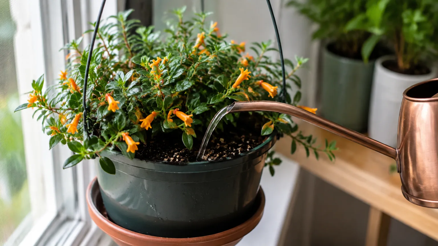 Goldfish plant in a draining pot being watered with a narrow-spout can