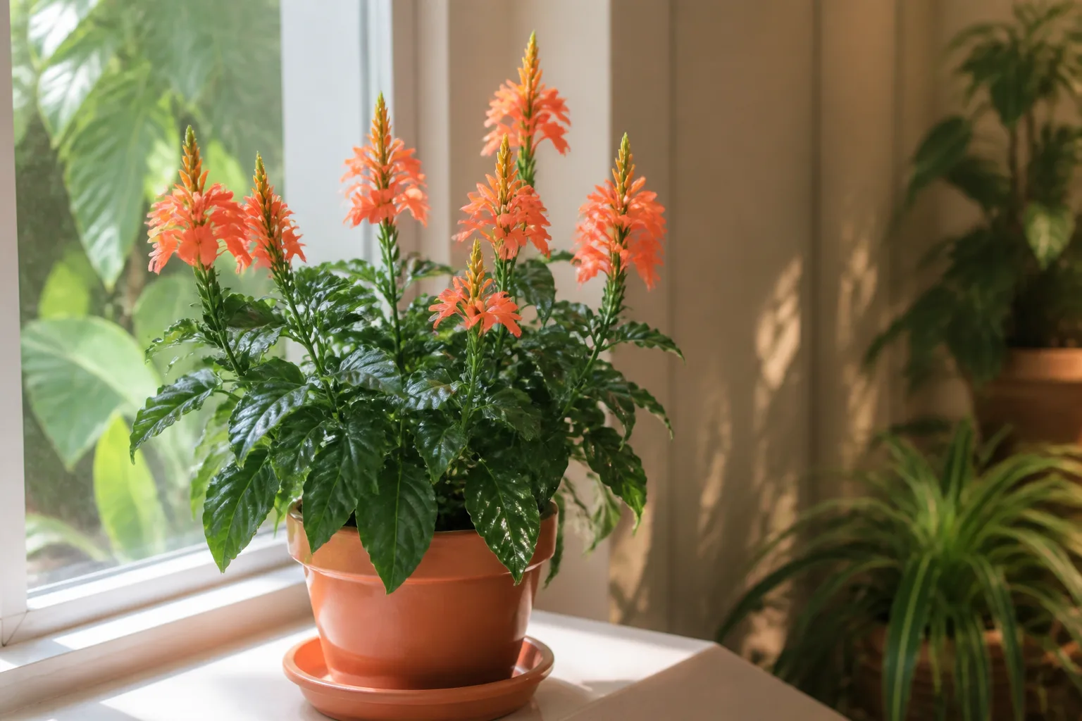 Crossandra firecracker flower with orange tubular blooms and glossy green leaves in a bright indoor pot
