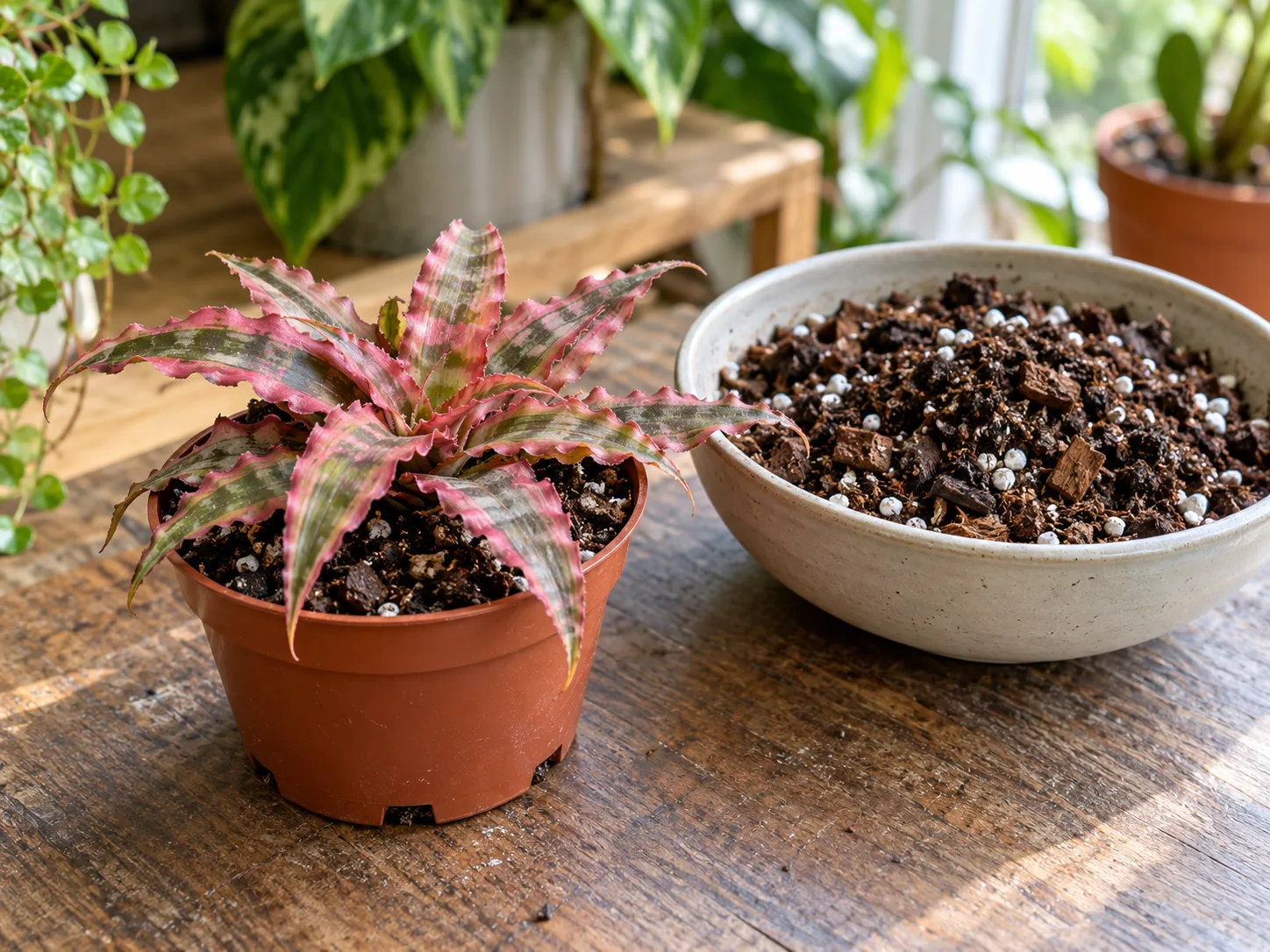 Cryptanthus earth star in a draining pot beside a loose, moisture-retentive potting mix