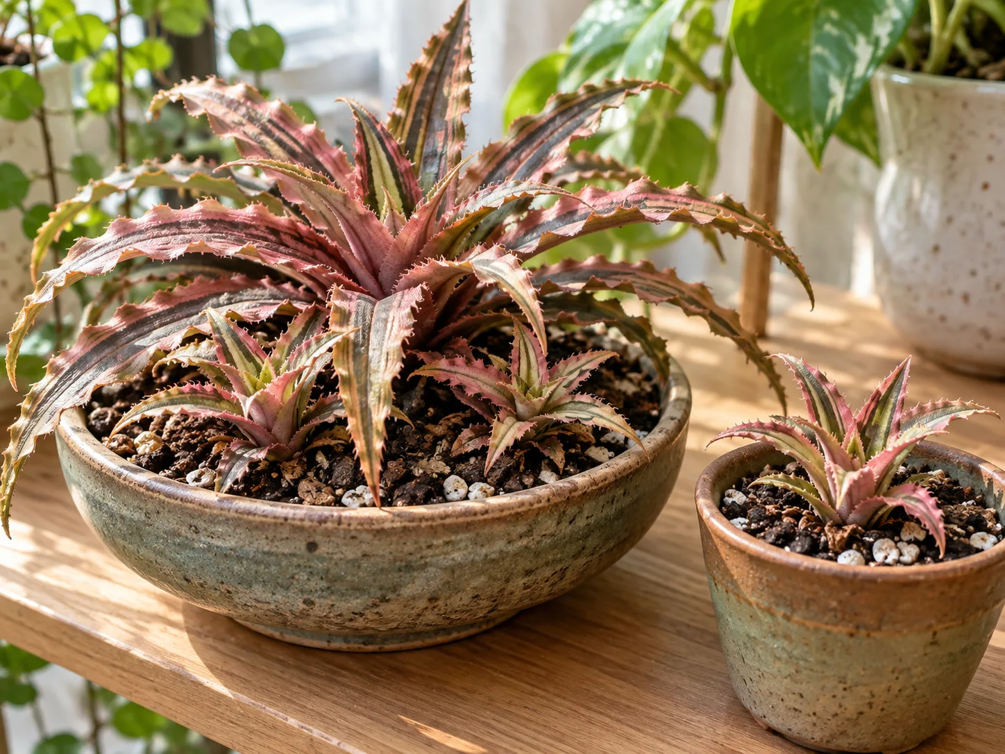 A mature Cryptanthus earth star with basal pups and a rooted offset in its own small pot