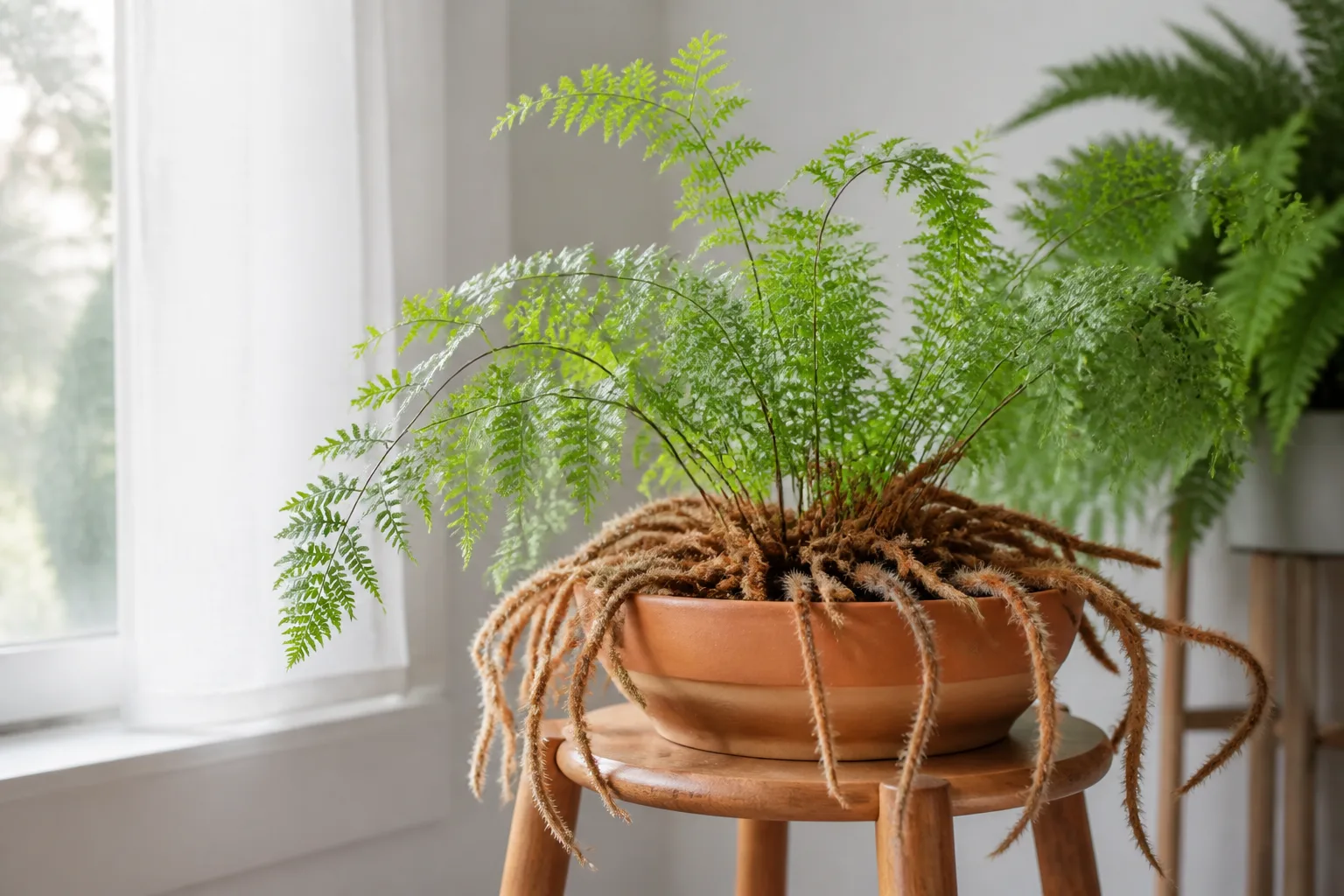 Rabbit's foot fern with lacy green fronds and fuzzy rhizomes cascading over a shallow pot in bright indirect light