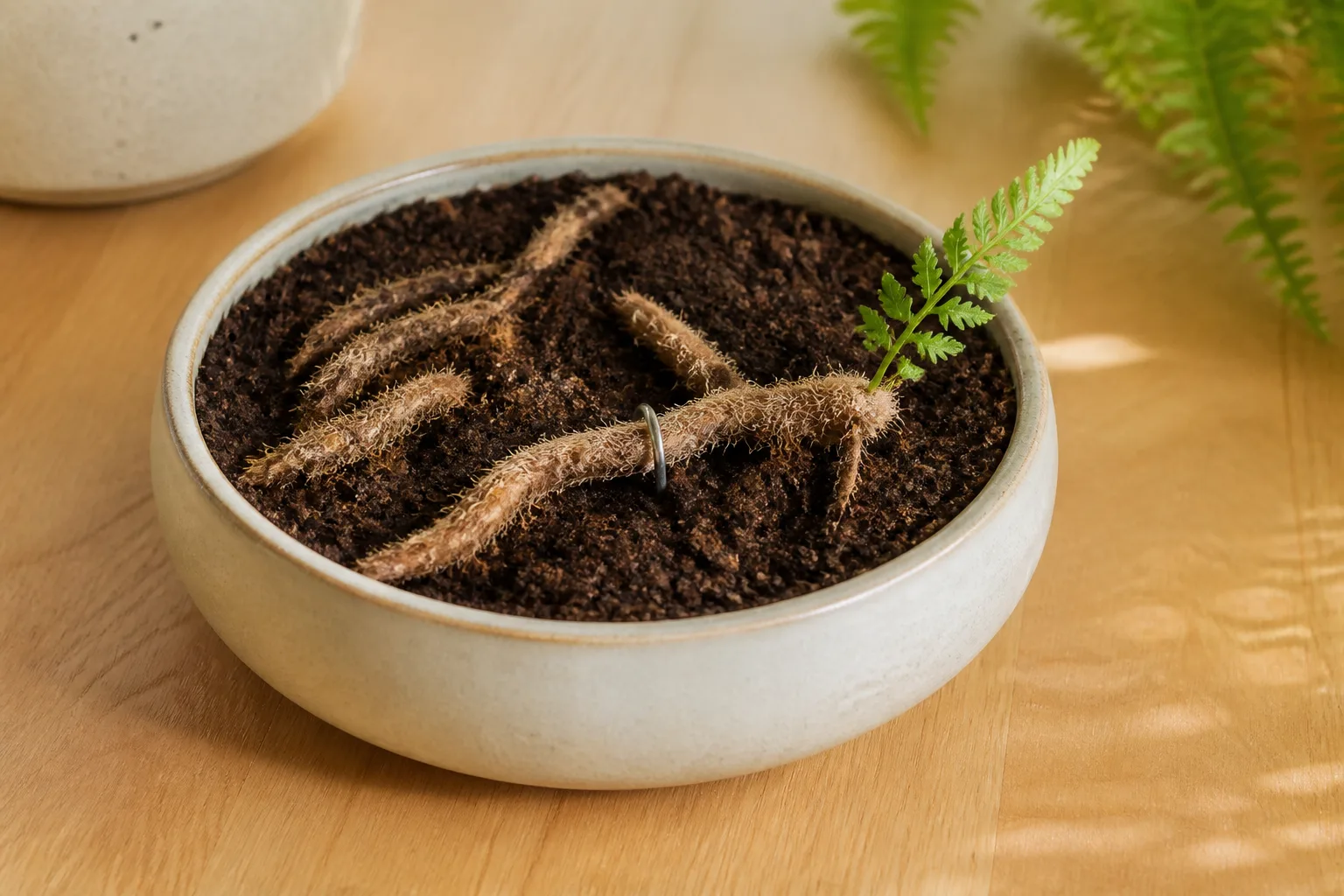 Fuzzy rabbit's foot fern rhizomes pinned on the surface of peat-based potting mix