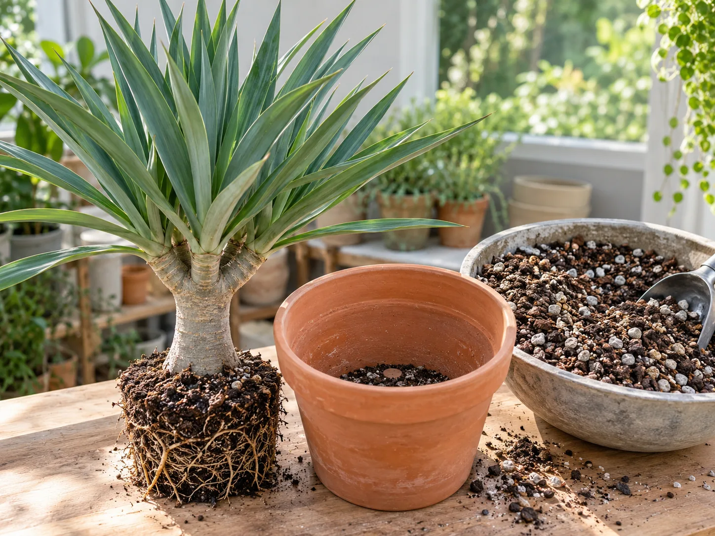 A young Dracaena draco beside a loose, free-draining mix and stable pot