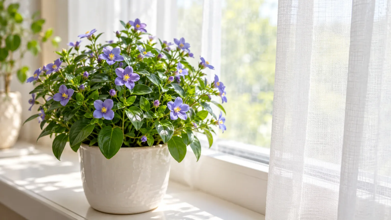 A healthy Persian violet beside a bright east-facing window with sunlight softened by a sheer curtain