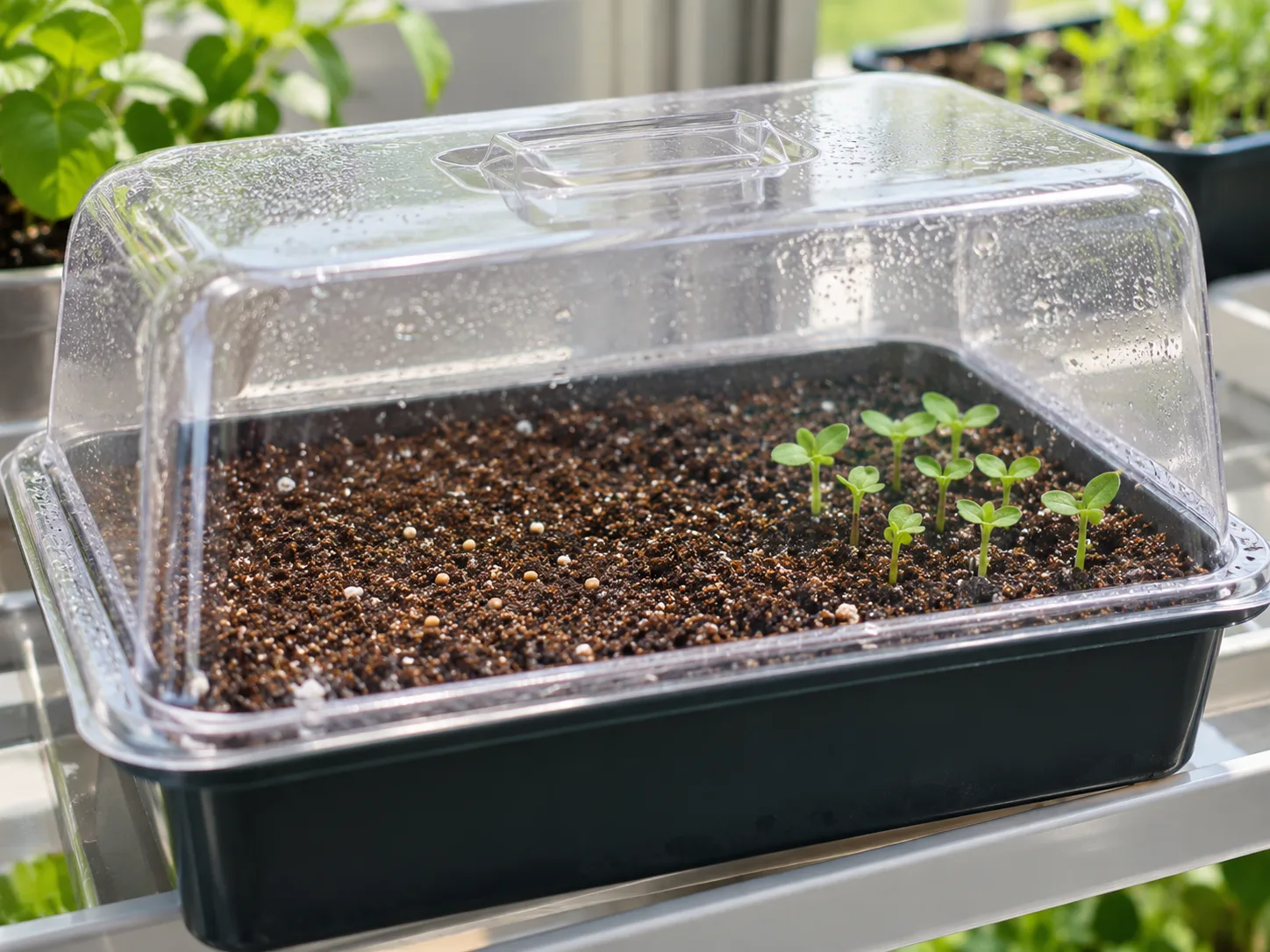 Persian violet seedlings growing in a covered tray with fine seed-starting mix