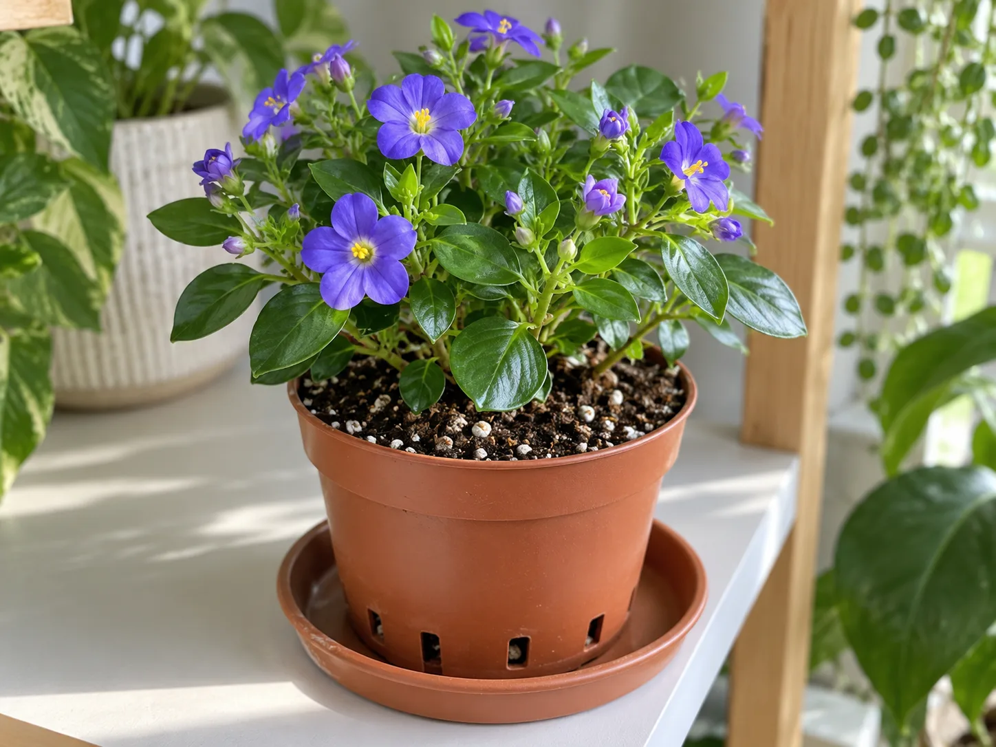 A Persian violet in an airy potting mix above a drained saucer after watering