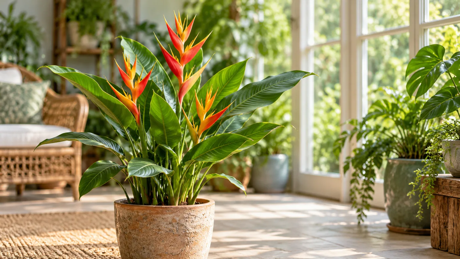 Compact Heliconia psittacorum in bloom beside a bright conservatory window