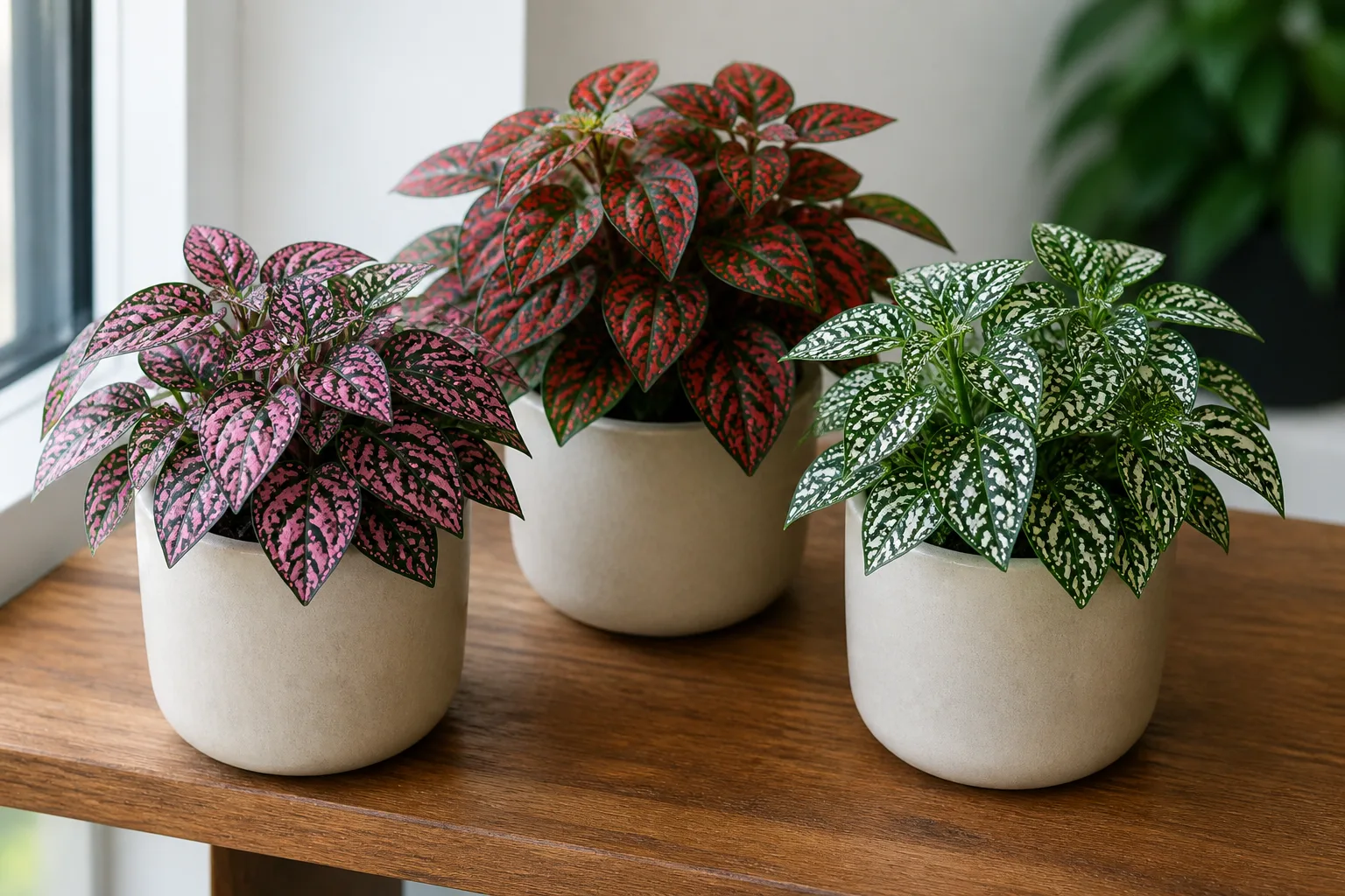 Three polka dot plant cultivars with pink, red, and white speckled foliage in small pots