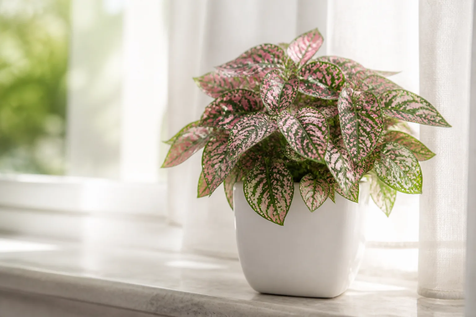 Healthy polka dot plant with pink and white speckled leaves in a pot on a bright windowsill
