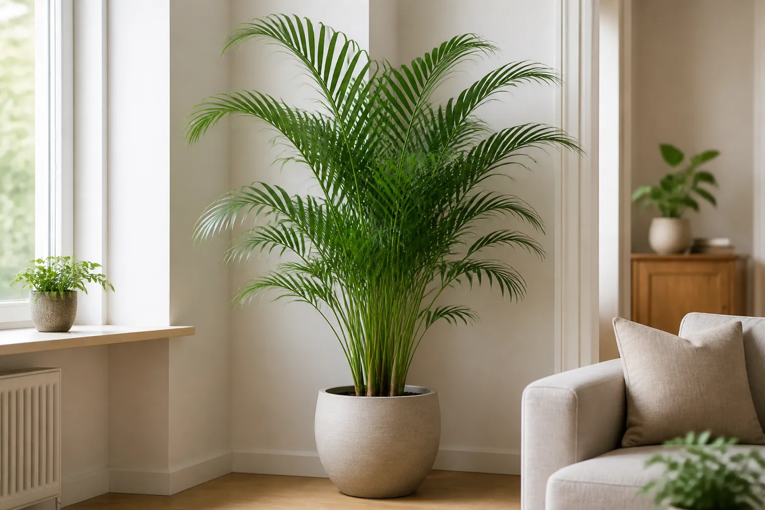 Areca palm with arching feathery fronds in a bright living room corner