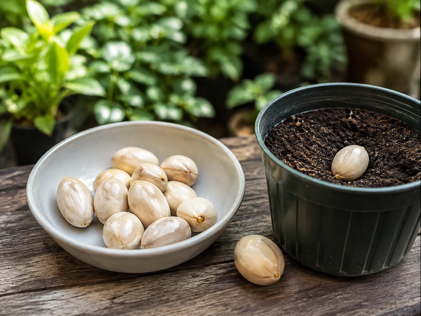 Fresh jackfruit seeds and a deep pot of airy potting mix ready for propagation