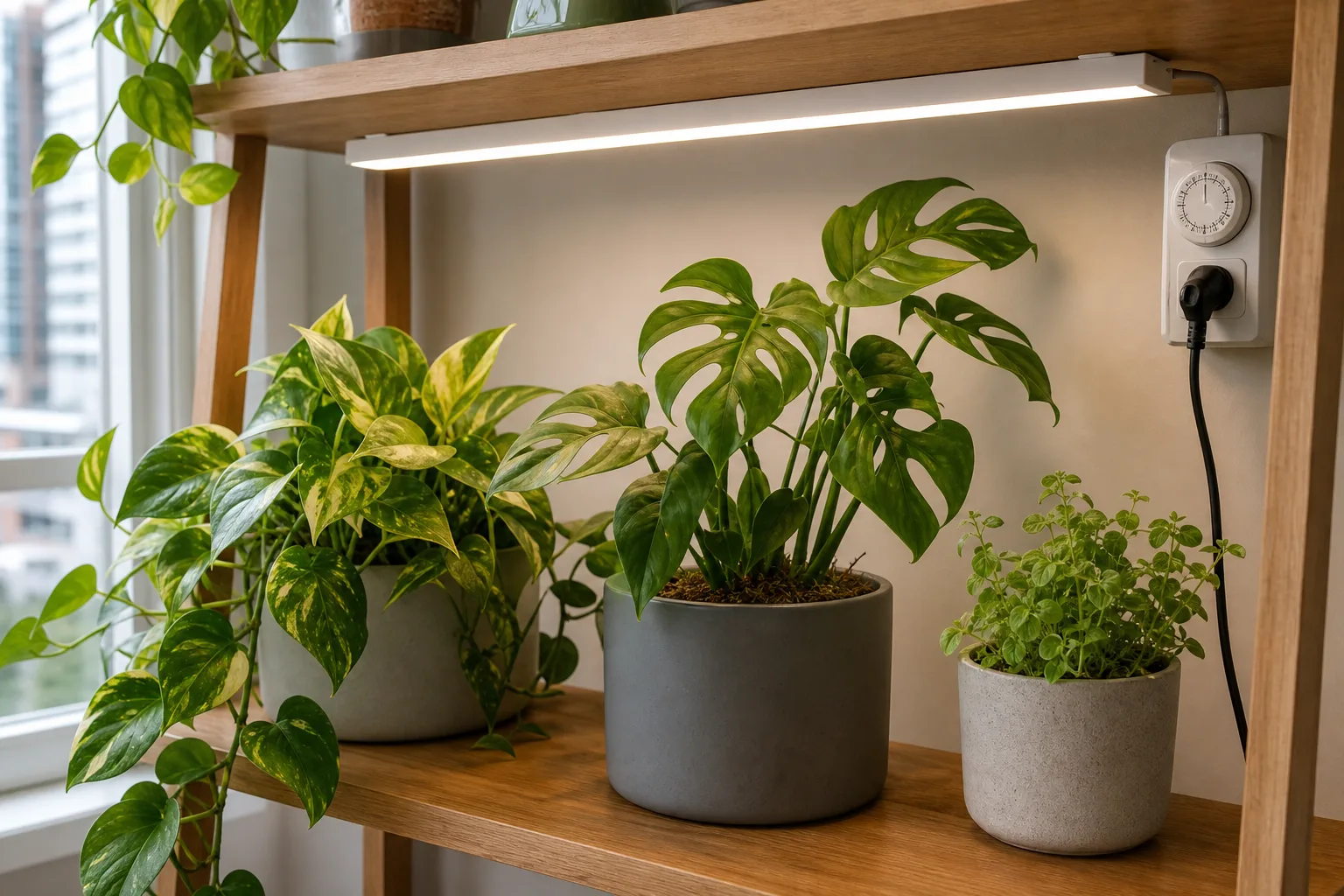 Houseplant shelf under a white full-spectrum LED grow light bar in a bright apartment