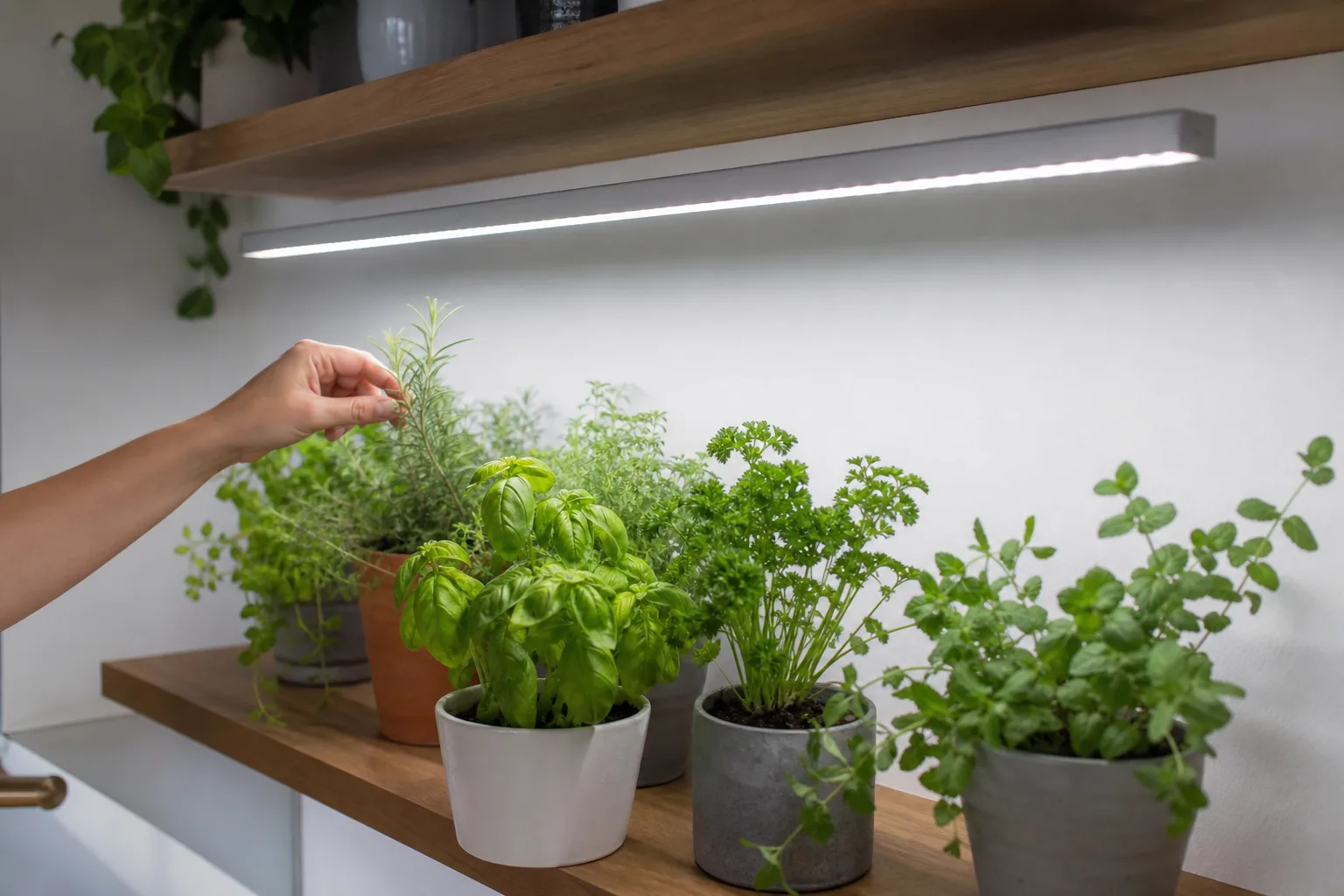 Side view of LED grow light bar mounted above kitchen herb shelf showing fixture-to-canopy distance