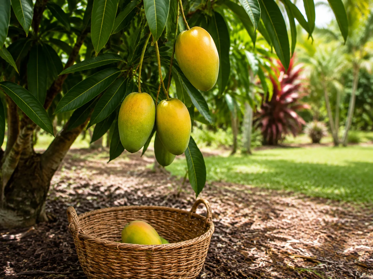 Mature mangoes hanging among glossy leaves with a harvest basket beneath the tree