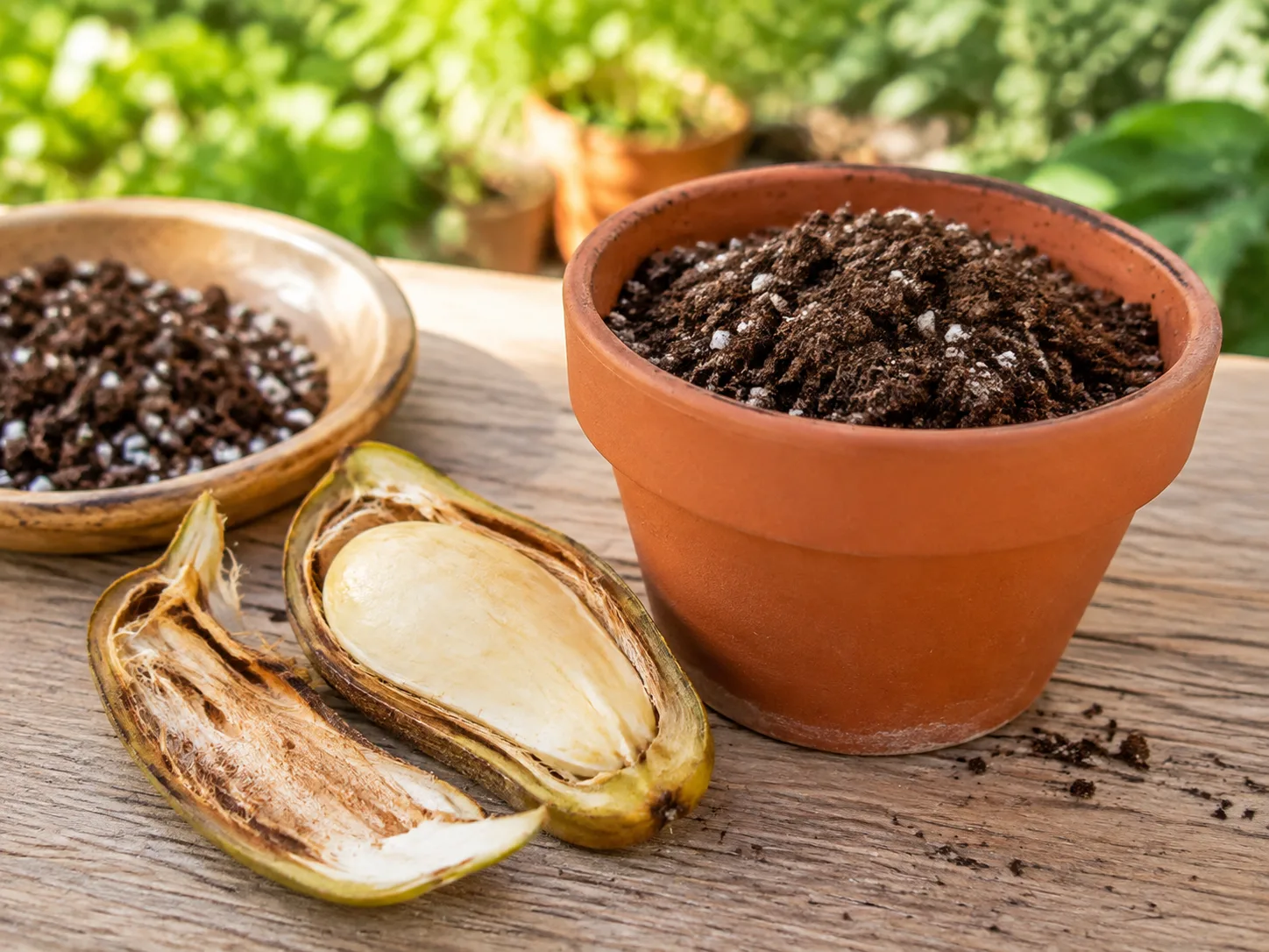 Fresh mango seed opened beside a small pot of airy seed-starting mix