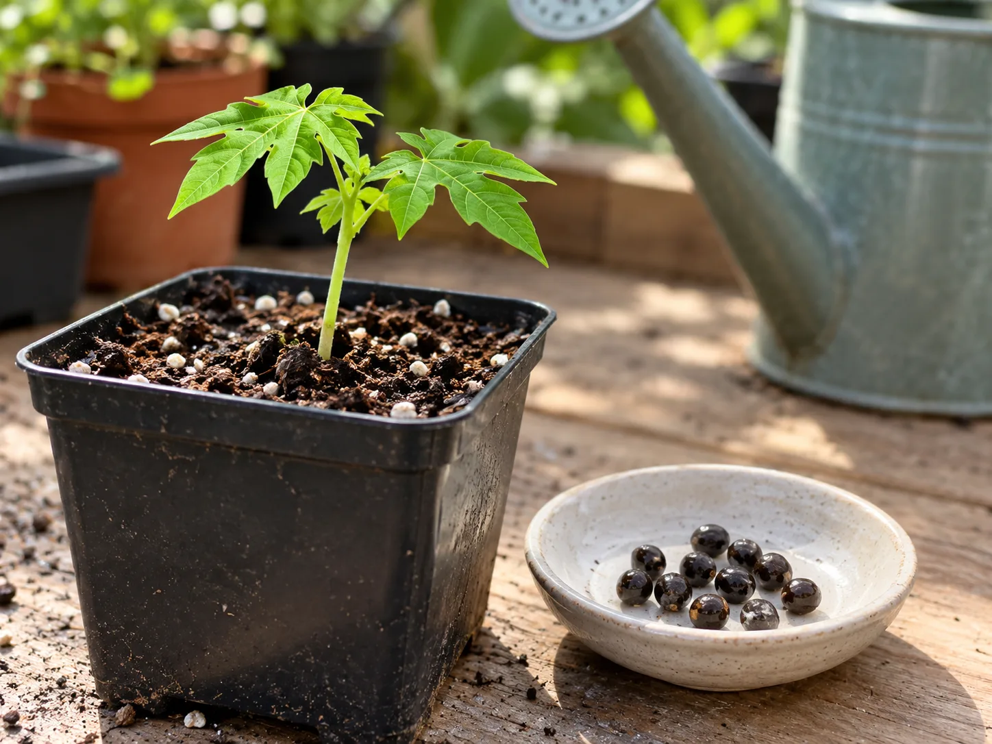 Clean papaya seeds beside a young seedling in a small nursery pot