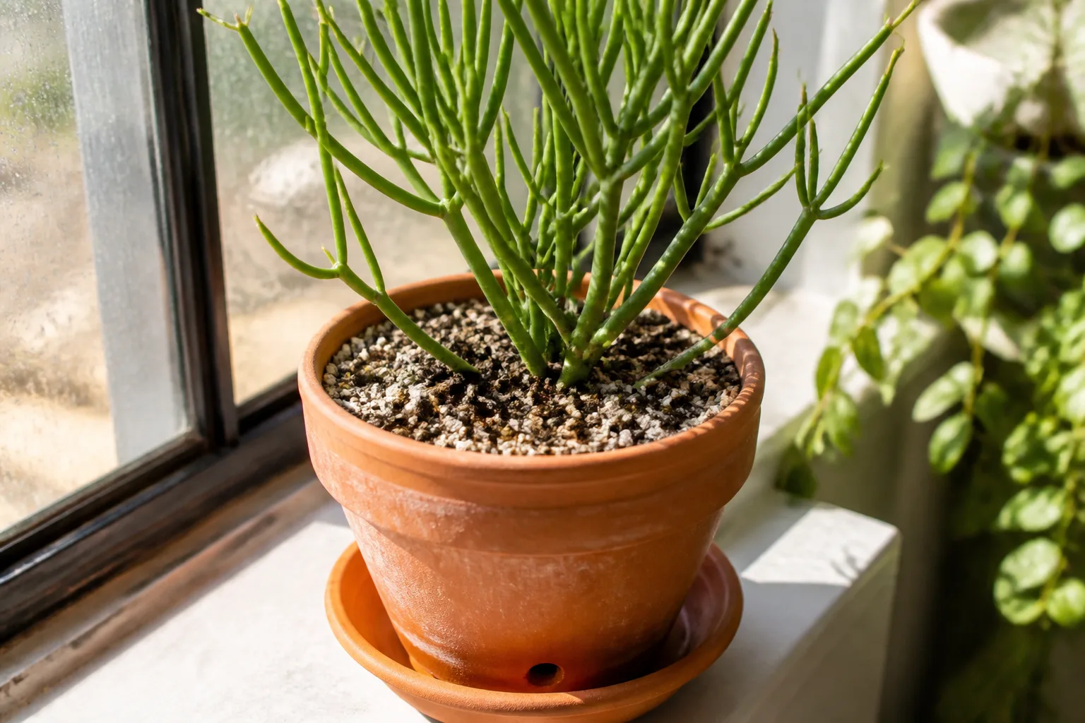 Pencil cactus in terracotta pot with gritty fast-draining succulent soil and proper drainage