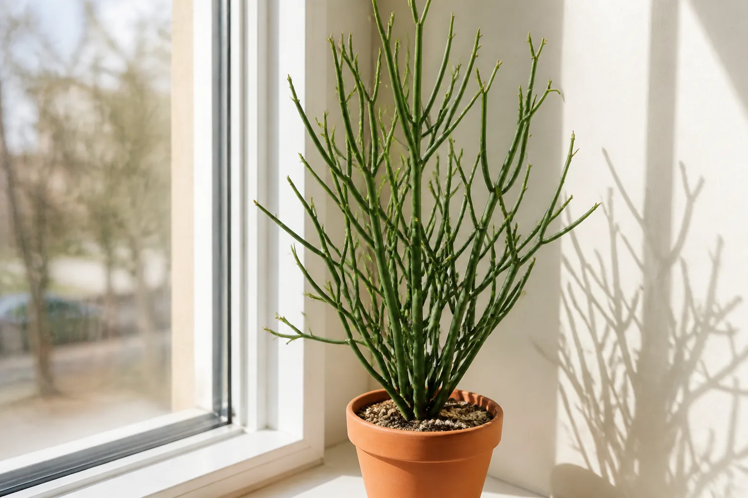 Euphorbia tirucalli pencil cactus with green pencil-thick stems in a terracotta pot on a bright indoor windowsill