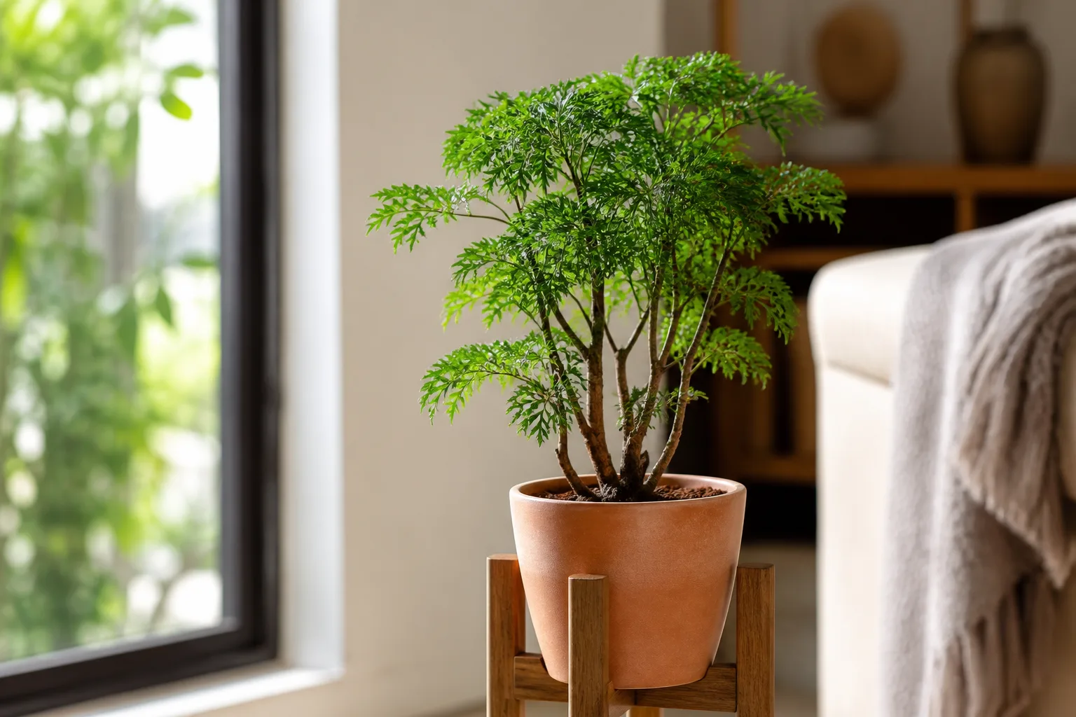 Ming aralia with finely divided fern-like leaves on woody stems in a terra-cotta pot on a bright windowsill