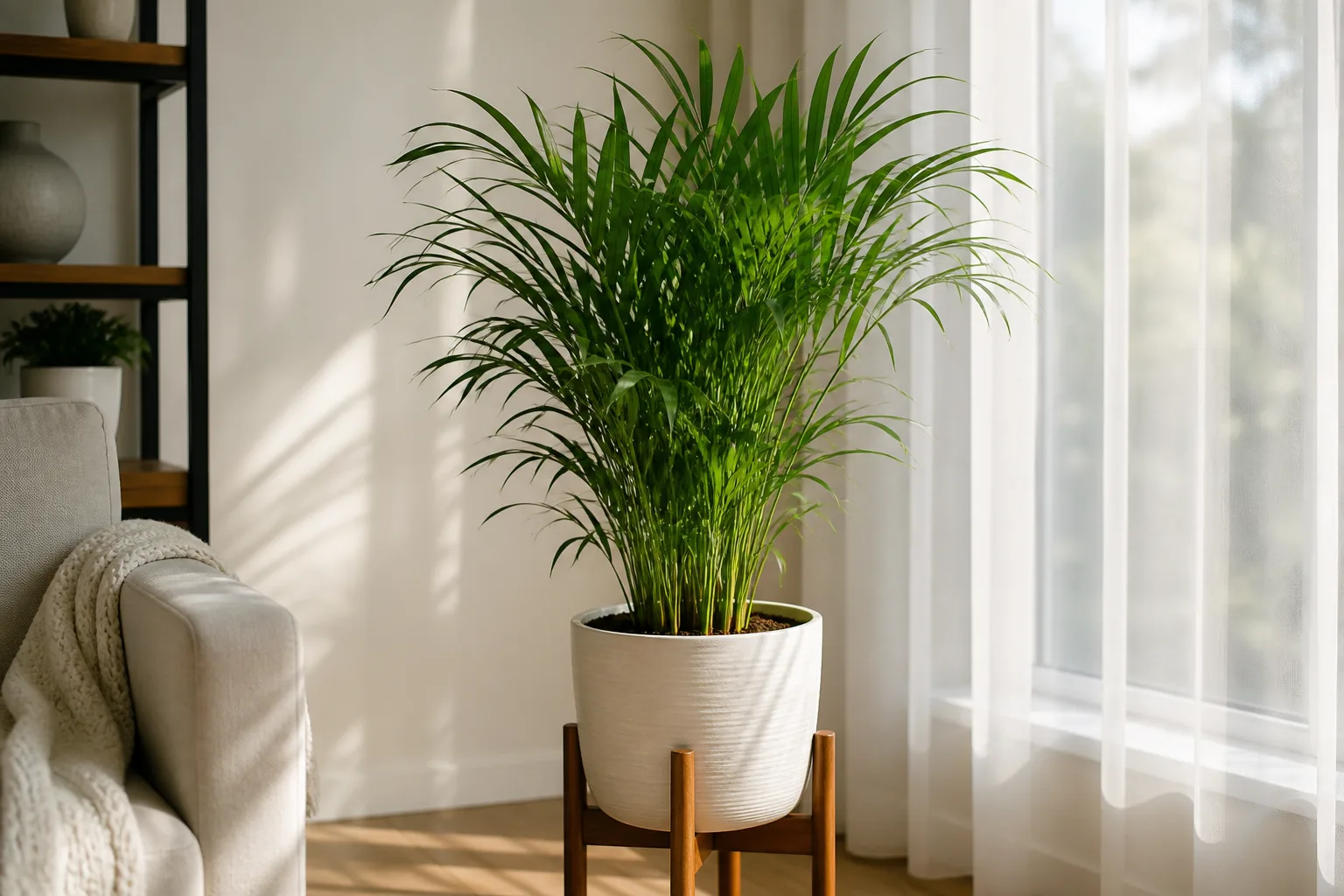 Indoor palm near a bright window with filtered light