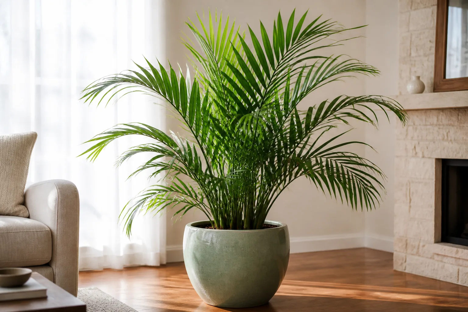 Majesty palm with arching green fronds in a ceramic pot in a bright living room corner