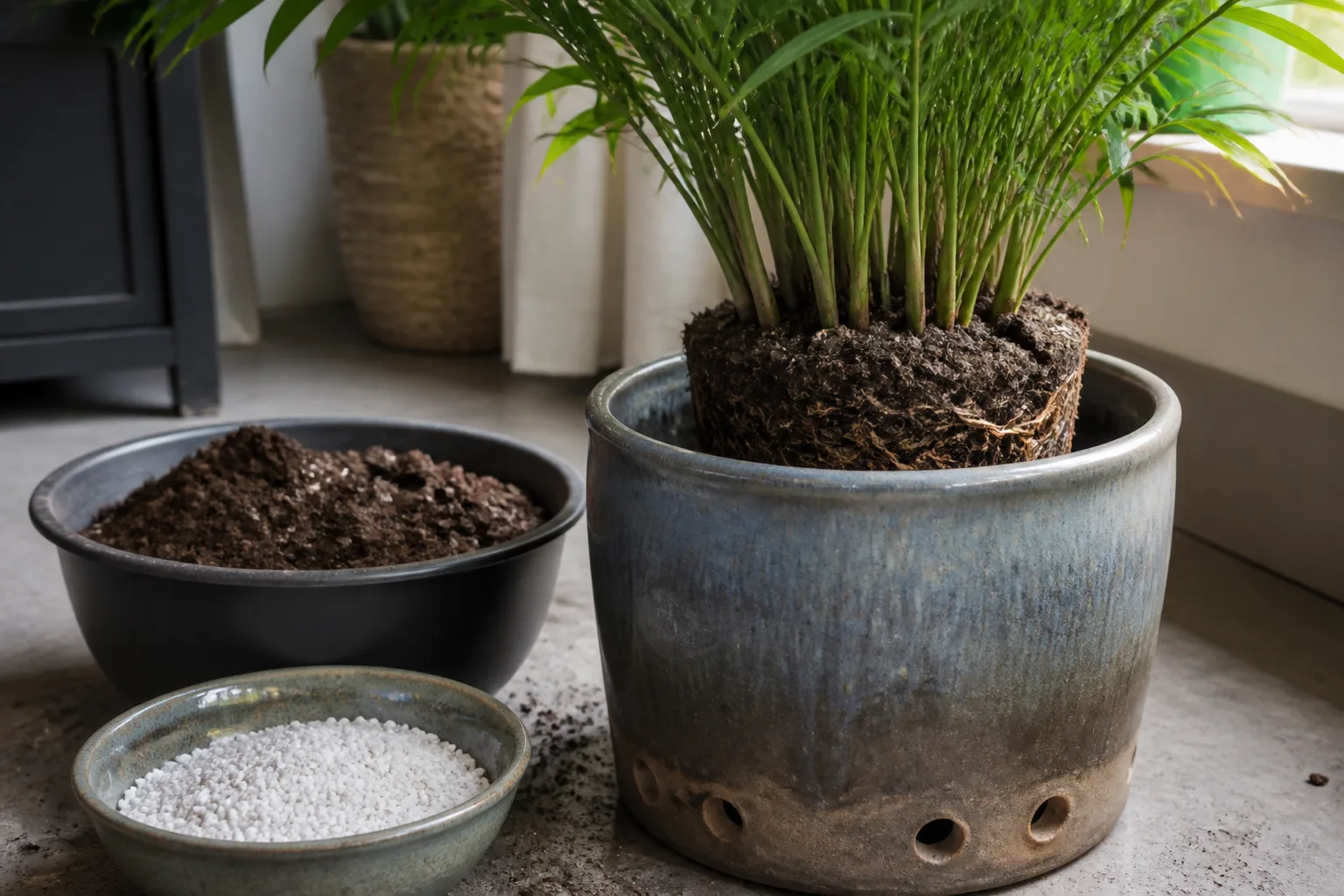 Repotting a palm into a slightly larger container with fresh mix
