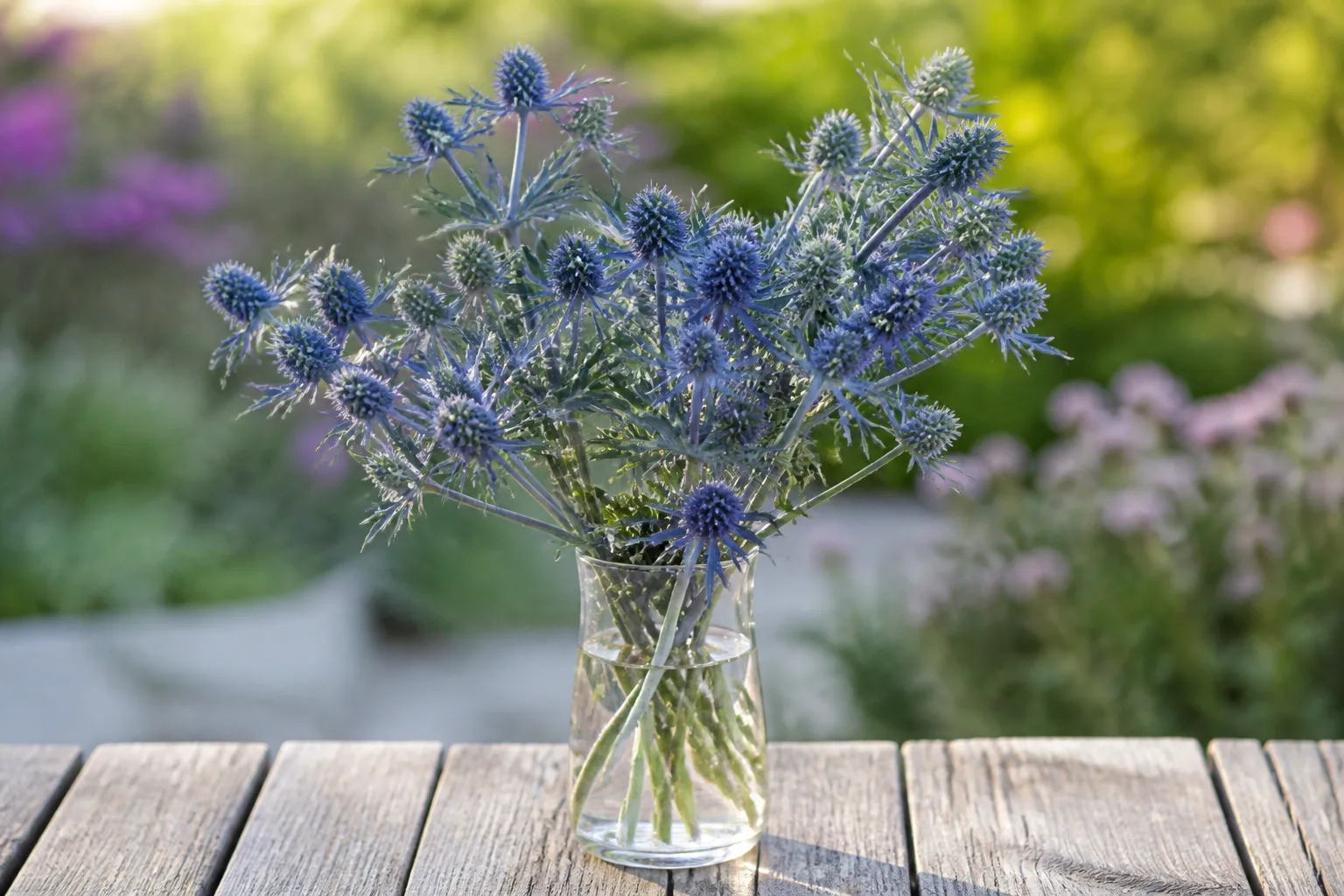 Fresh-cut sea holly stems with steel-blue spiky flower heads in a glass vase outdoors