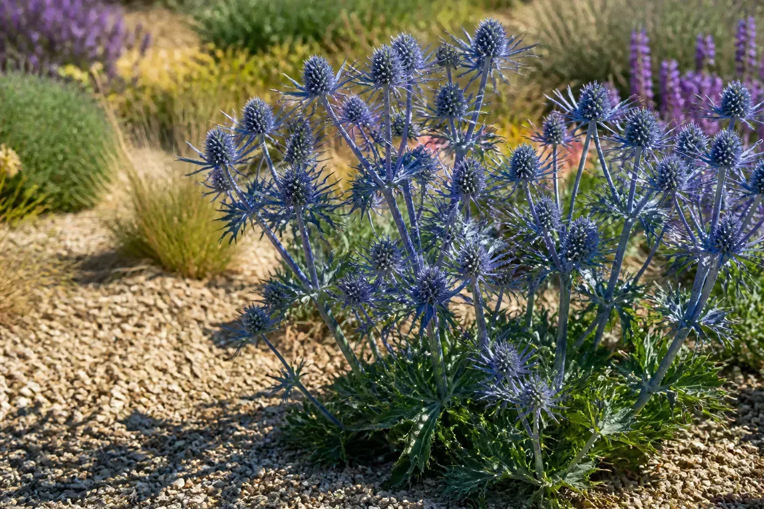 Steel-blue sea holly blooming in a sunny gravel garden border with spiky metallic flower cones