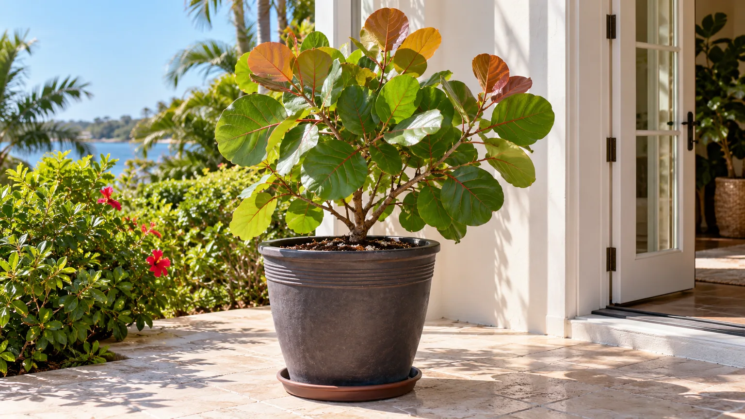 Young seagrape growing in a large, freely draining container on a sunny patio